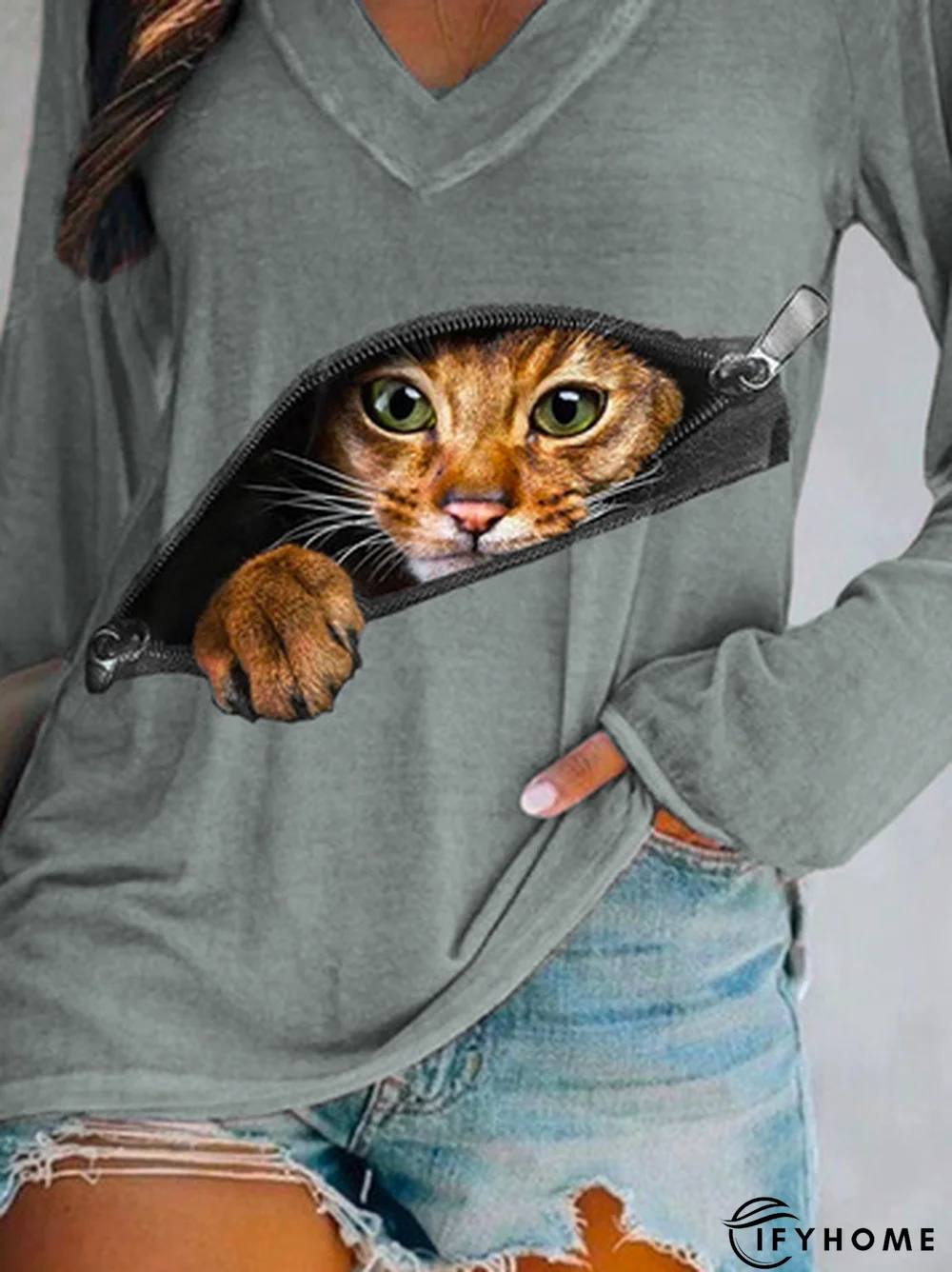 Casual Long sleeve V neck Cat T-Shirt TUNIC | IFYHOME