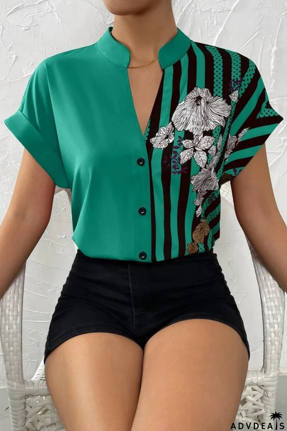 Green Casual Print Patchwork V Neck Tops