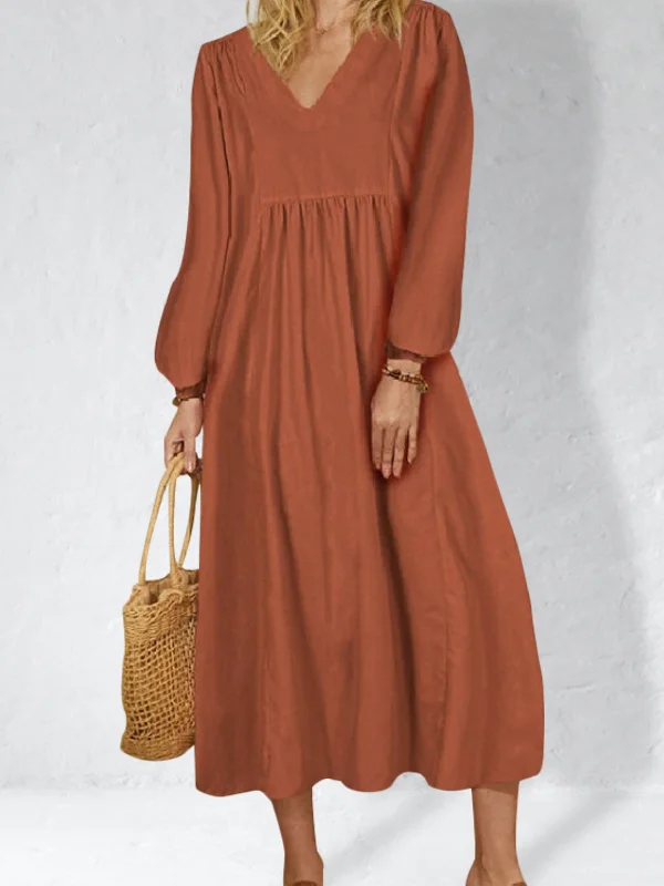 Cotton Blend V-Neck Lantern Sleeves Dress