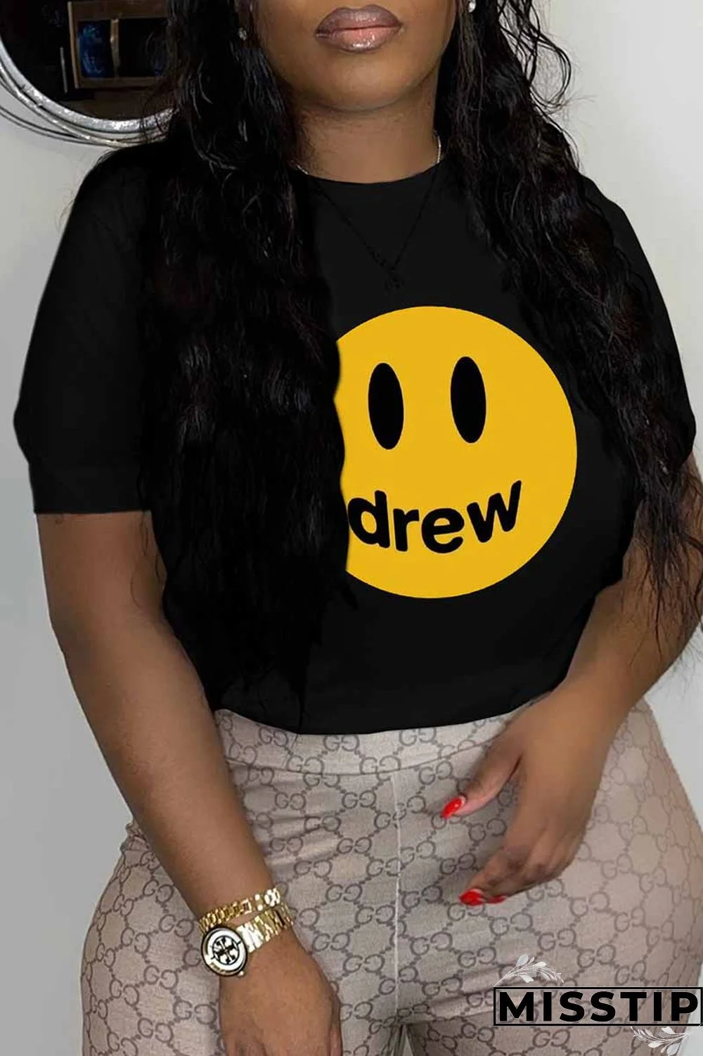 Black Casual Print Letter O Neck T-Shirts