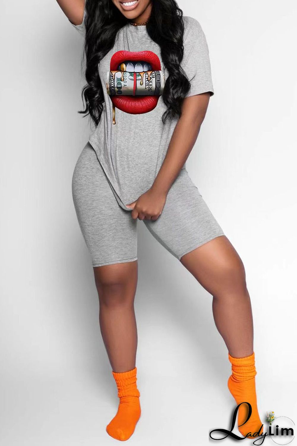 Black Casual Print Split Joint O Neck Short Sleeve Two Pieces