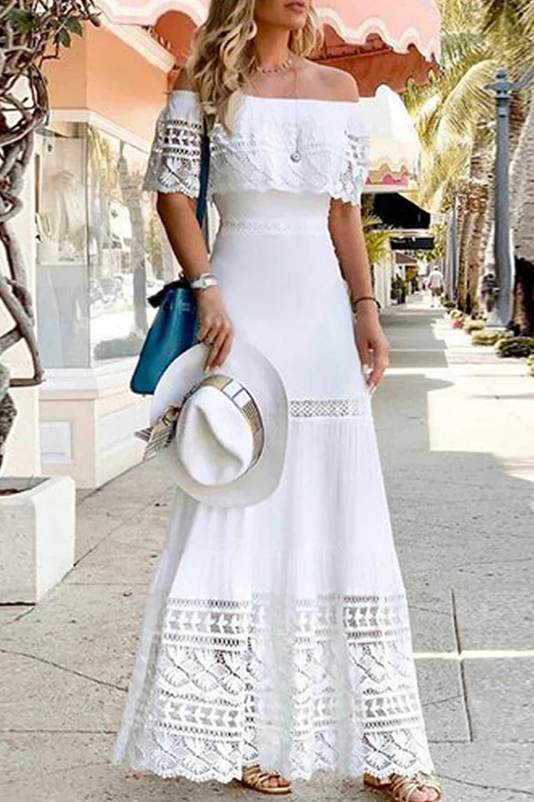 White Sexy Solid Hollowed Out Off the Shoulder Lace Dress Dresses