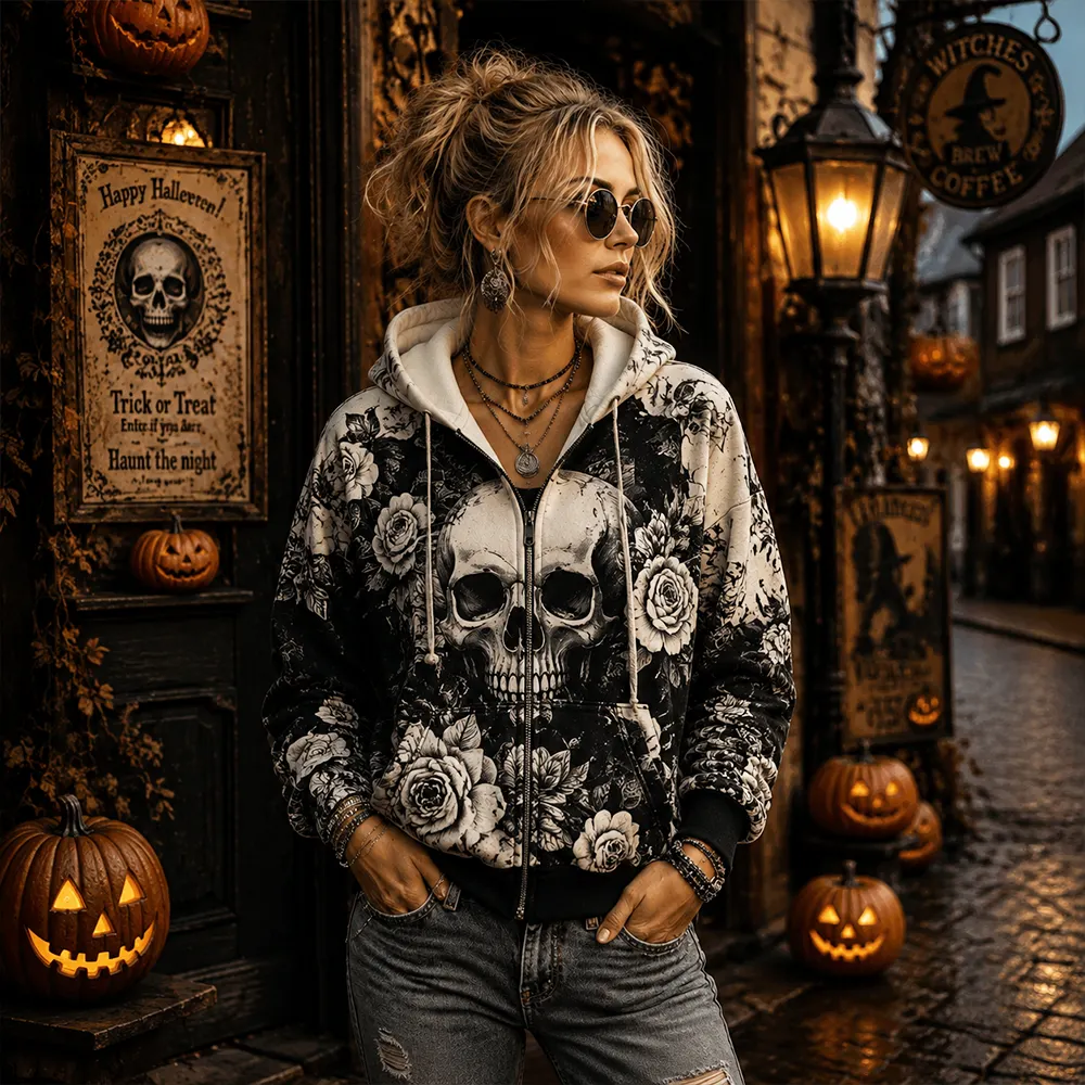 Comstylish Women's Gothic Skull And Roses Graphic Zip-up Hoodie - Vintage Floral Bones Print Casual Jacket