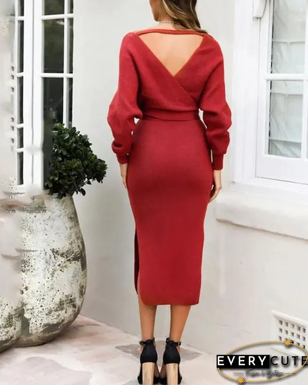 Knitting V Neck Split Sweater Dress