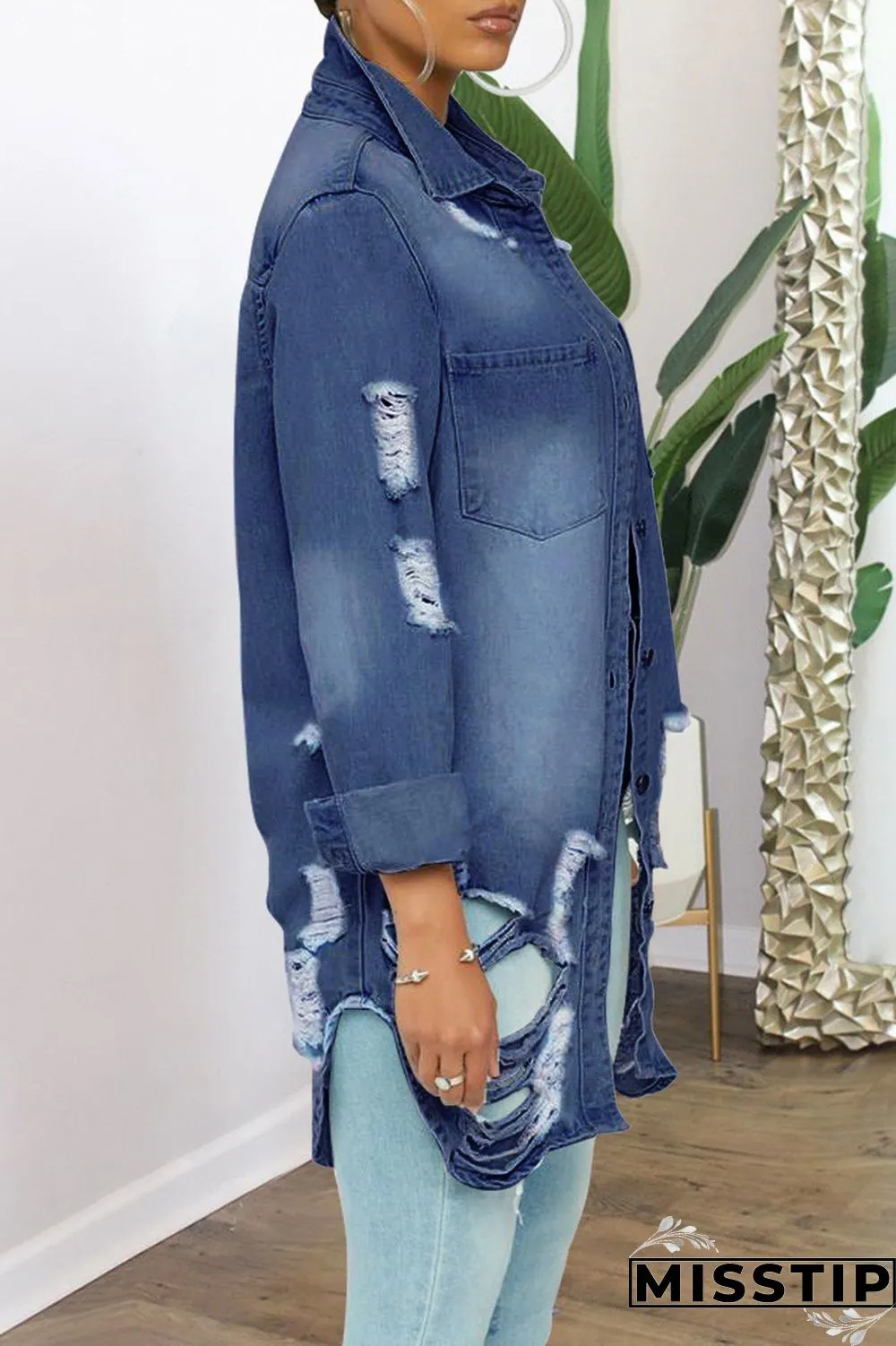 Dark Blue Fashion Casual Solid Ripped Turndown Collar Plus Size Overcoat