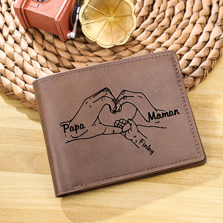 3 Names-Personalized Leather Mens Wallet Engraved 3 Names And Photo Fist Bump Folding Wallet Set With Gift Card Gift Box Father's Day Gifts