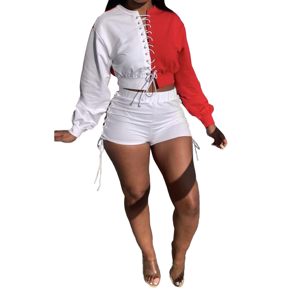 CM.YAYA Women Set Patchwork Full Sleeve O-neck Bandage Crop Tops Stretchy Shorts Two 2 Piece Sets Sporty Tracksuit Outfit Fall