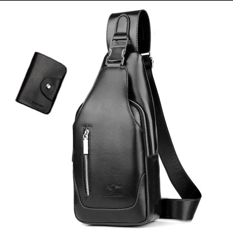 Pongl Men's Chest Bag New Fashion PU Leather Casual Sports Shoulder Bag USB Charging Anti Theft Chest Crossbody Bags for Men Bolsas