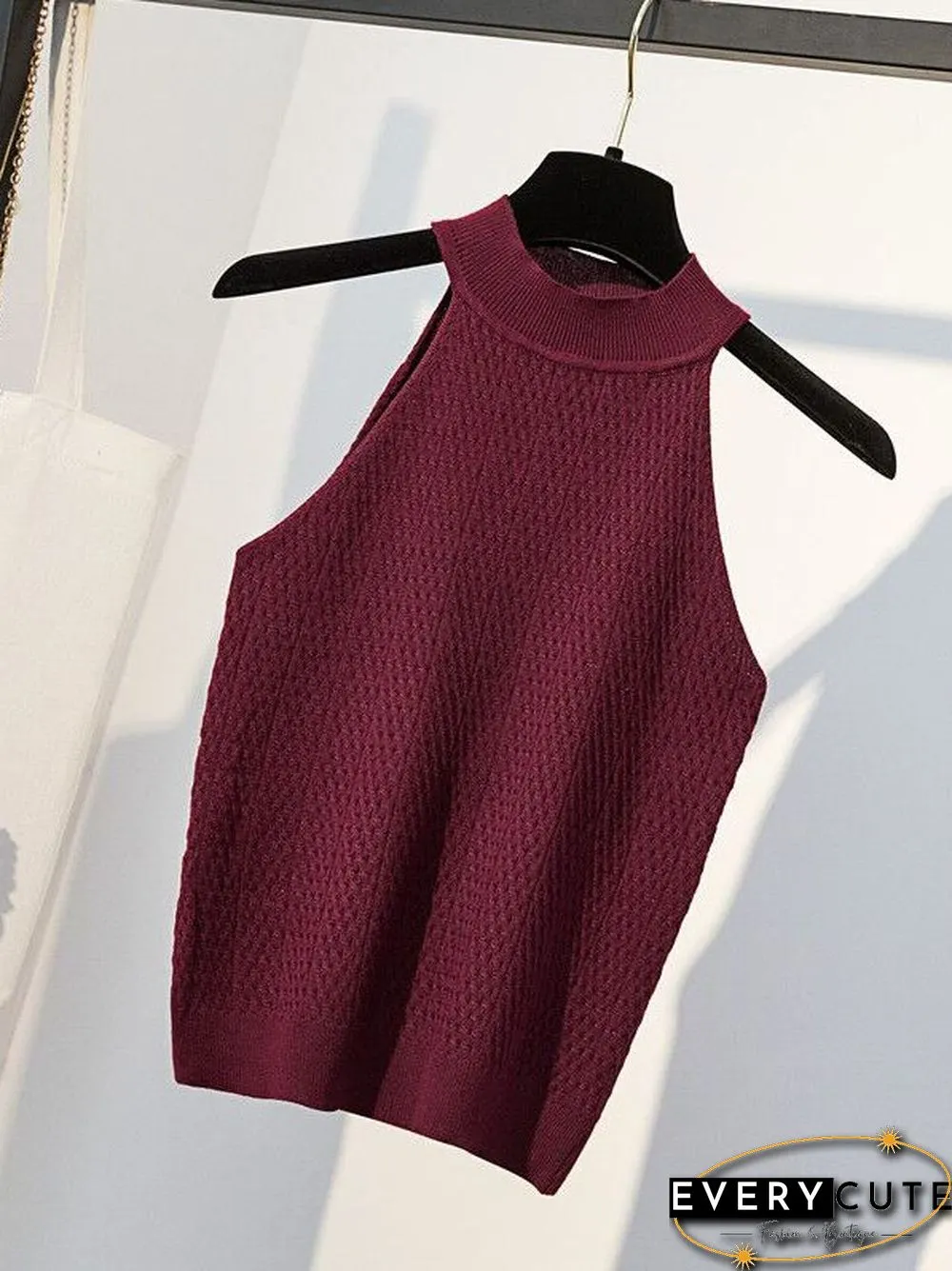 Heliar Women Round-neck Tops Beach Tank Top Off Shoulder Female Slim Knit Crop Knitted