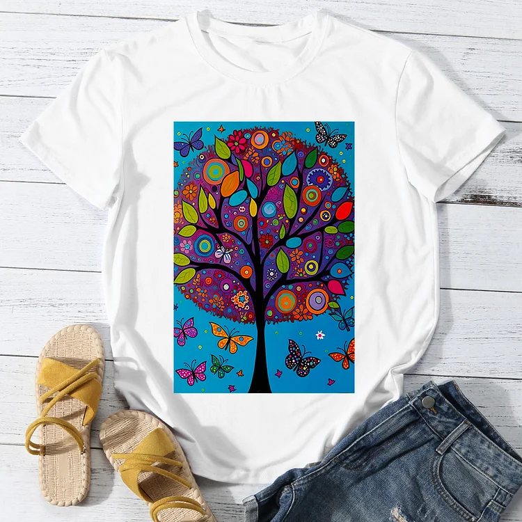 Tranquil Butterfly and tree  Women Round Neck T-shirt BSTCA0037