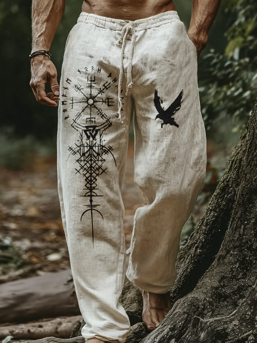 Men's Viking Holiday Style Vintage Ethnic Rune Raven Totem Casual Linen Pants / Rvogue / Rvogue