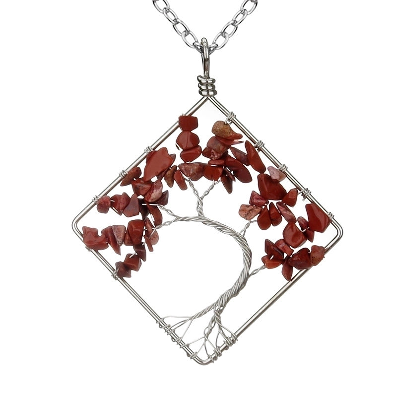 Fashion Square Tree Natural Stone Crystal Metal Beaded Hollow Out Pendant Necklace 1 Piece