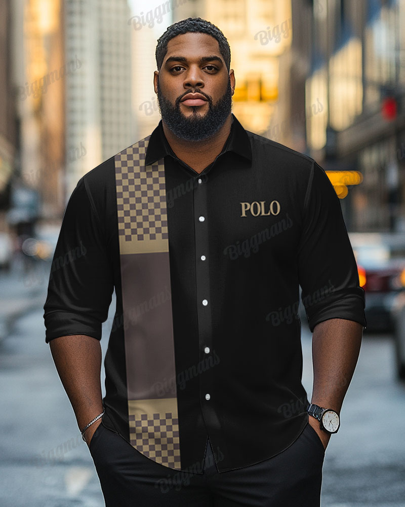 Men's Plus Size Simple Plaid Long-sleeved Printed Letter Shirt