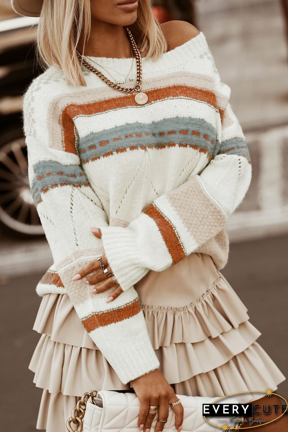 White Striped Colorblock Knit Sweater