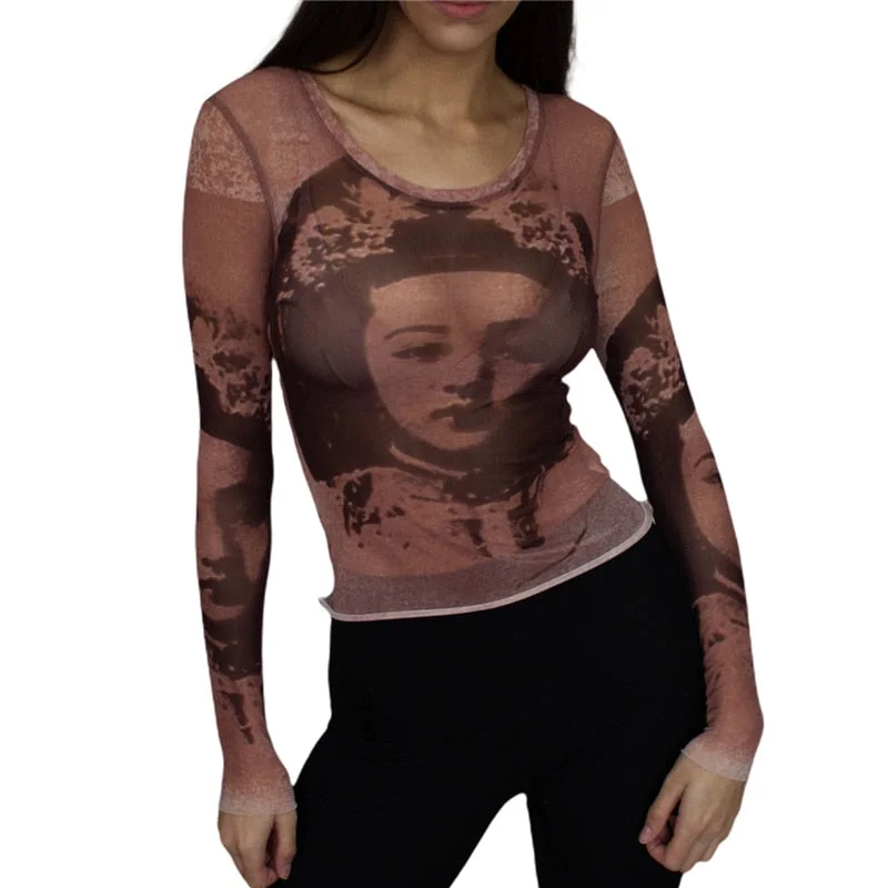 2021 Fairy Grunge Shirt Basic Mesh Print Top Women E Girl Gothic Punk Style T-shirts Tees Clothes Street Tops Womens Clothing