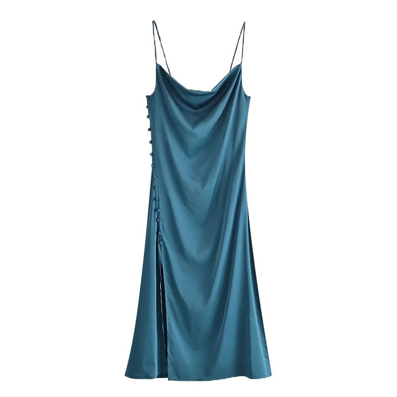 KPYTOMOA Women 2021 Chic Fashion Side Buttons Silt Cozy Midi Camisole Dress Vintage Backless Thin Straps Female Dresses Mujer