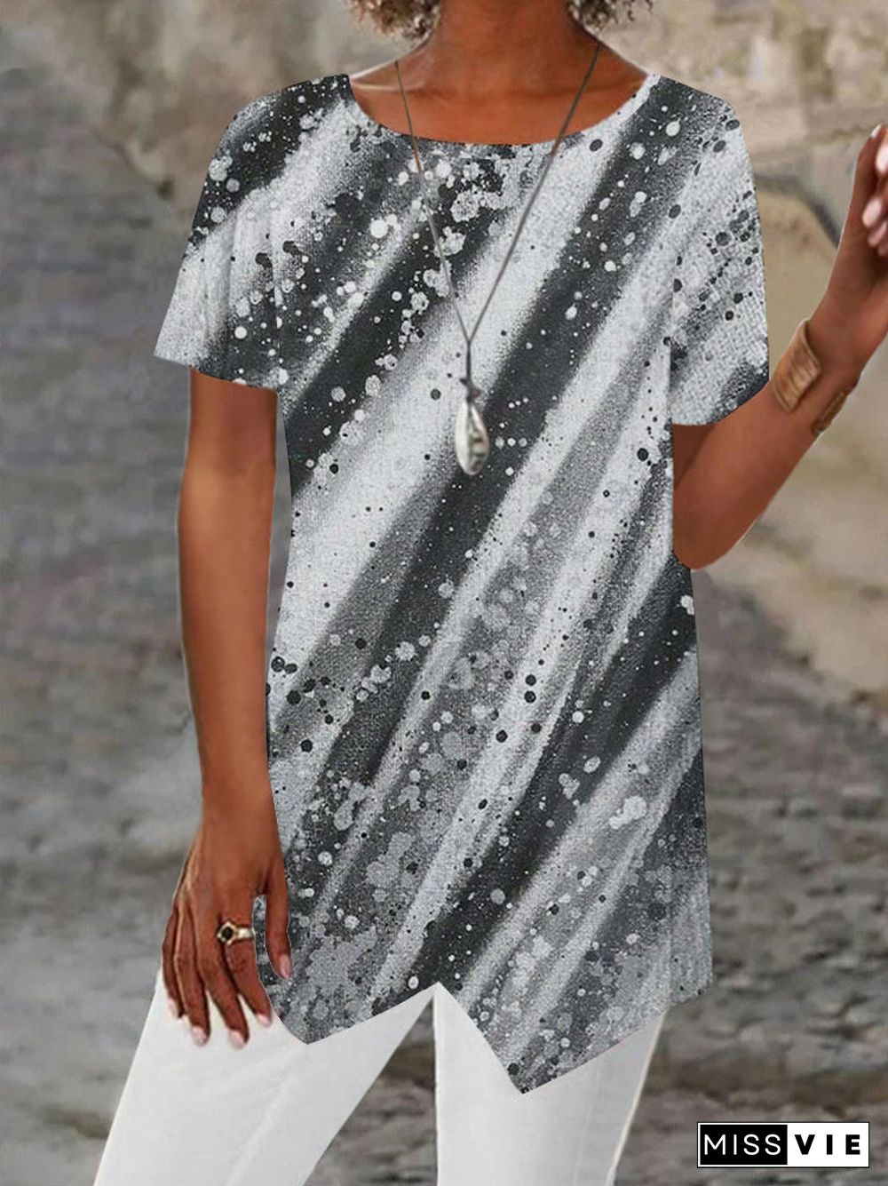 Women Asymmetrical Short Sleeve Scoop Neck Striped Printed Top