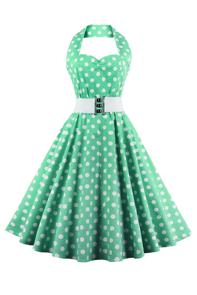 1950s Green Vintage Polka Dot Print Halter Neck A-Line Midi Dress