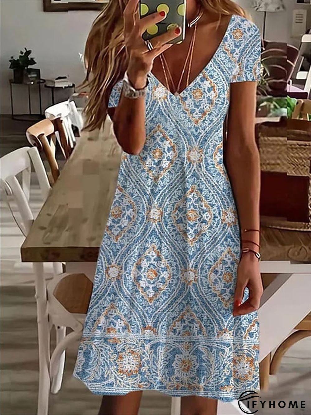 Women's Casual Dress Summer Dress Print Dress Floral Geometric Print V Neck Mini Dress Basic Fashion Outdoor Daily Short Sleeve Regular Fit White Blue Green Spring Summer S M L XL XXL | IFYHOME