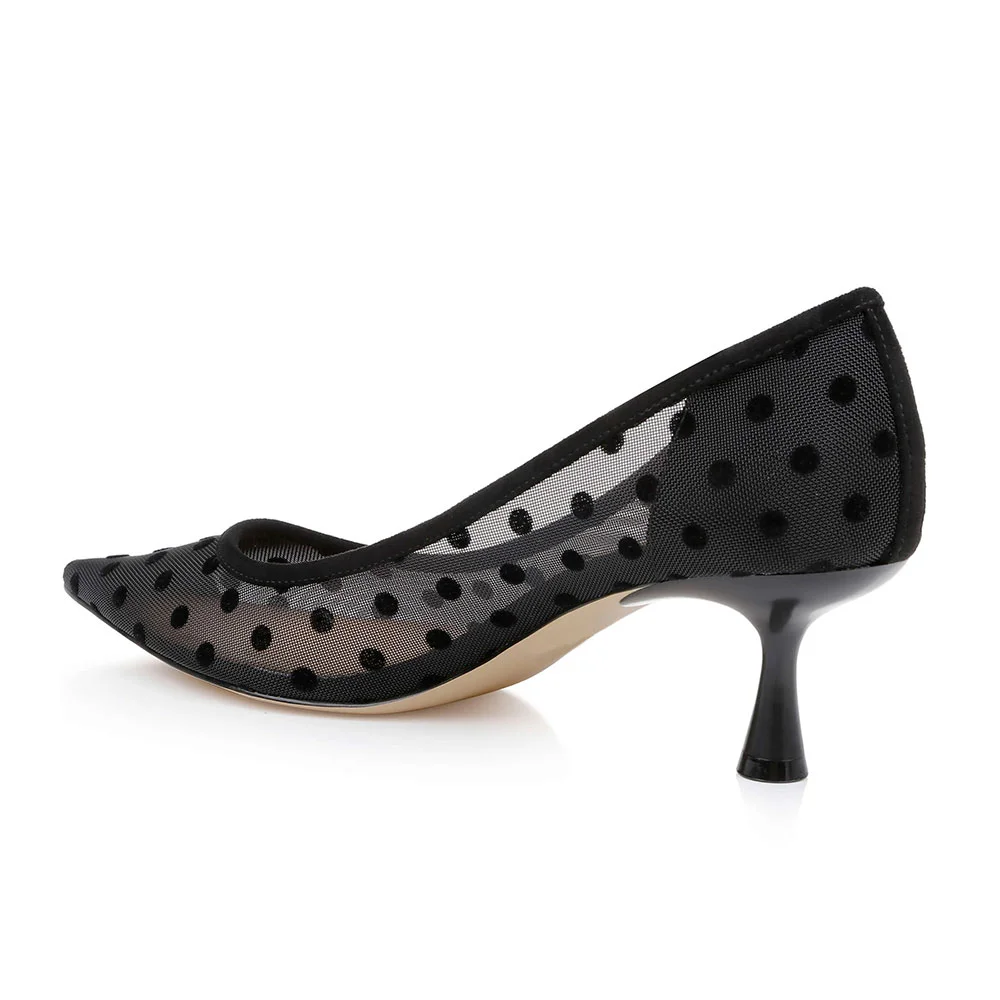 Black Mesh Polka Dot Pointed Toe Mid Spool Heel Pumps for Women