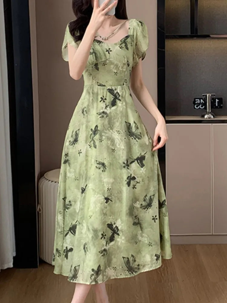 Aiertu New Women Vintage Floral Print Midi Green Dress Elegant Chic A-Line Party Evening Clothes Female Fashion Casual Vestidos Robe Aiertu