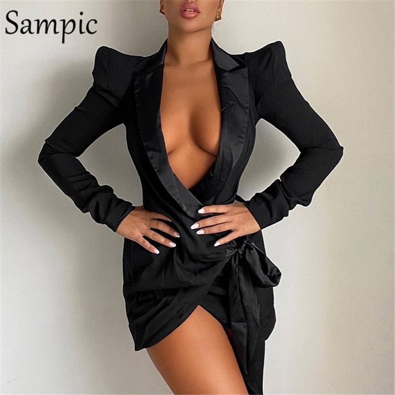 Sampic Long Sleeve Sexy Club V Neck Women Bodycon Black Blazer Mini Dress 2021 Autumn Winter Skinny Party Fashion Bandage Dress