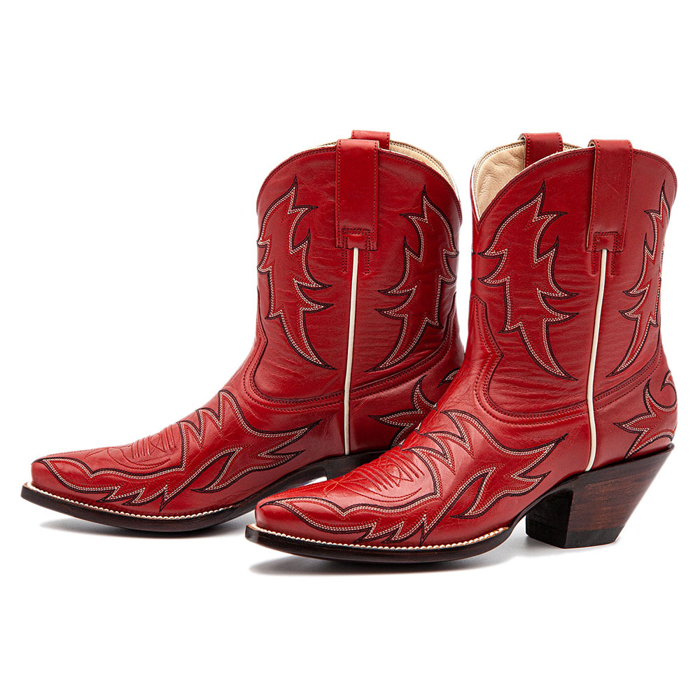 Vintage Red Snip Toe Embroidered Cowgirl Boots with Chunky Heel Nicepairs