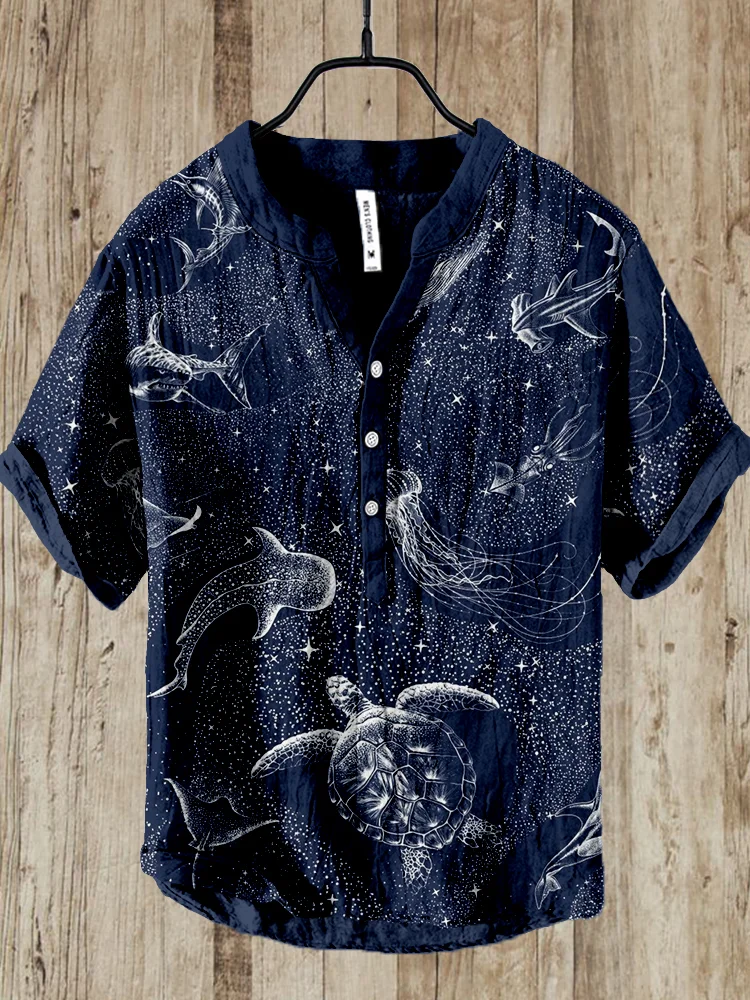 Cosmic Ocean Pattern Cozy Linen Blend Shirt