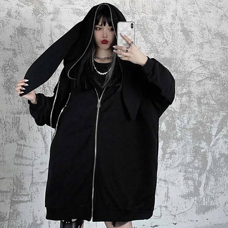Zipper Cartoon Bunny Ears Hooded Coat
