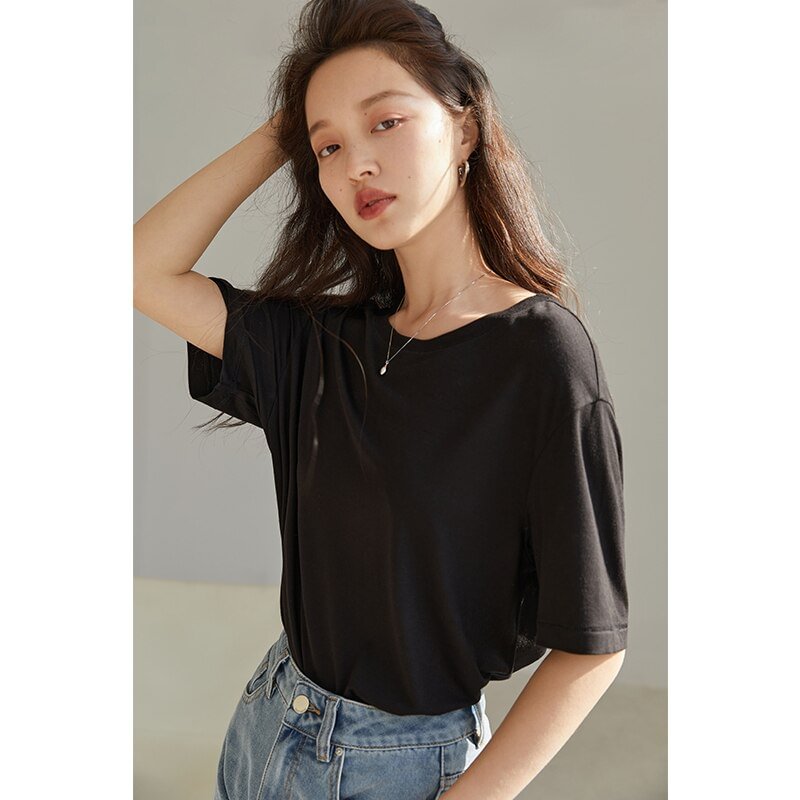 FANSIALEN Round Neck Short Regular Sleeve T-shirt Loose Straight Midweight Office Lady Solid Yellow Drape Short Sleeves