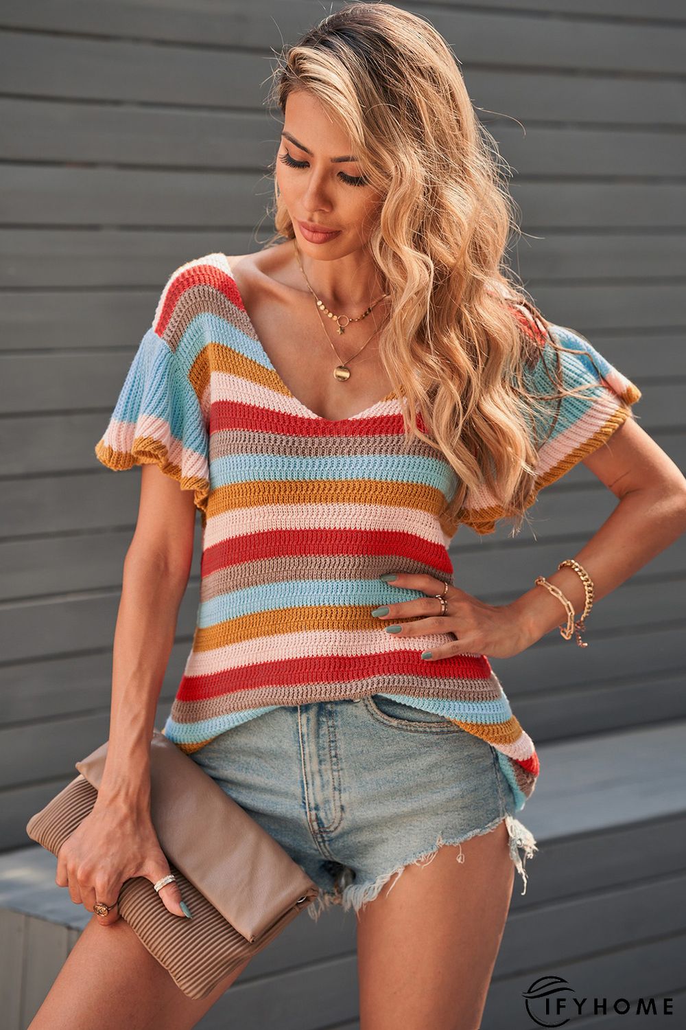 Multi-color Striped Ruffle Short Sleeve Knit Top | IFYHOME