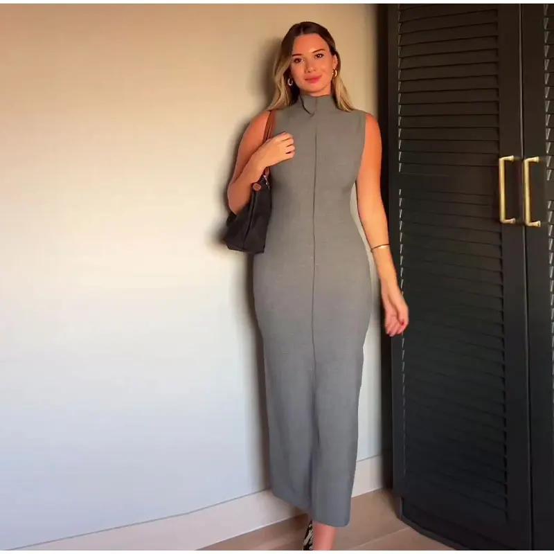 Ootddress Sleeveless Split Patchwork Long Dress Female Straight Solid Slim High Waist Zipper Maxi Dress Autumn 2025 Turtleneck Dress