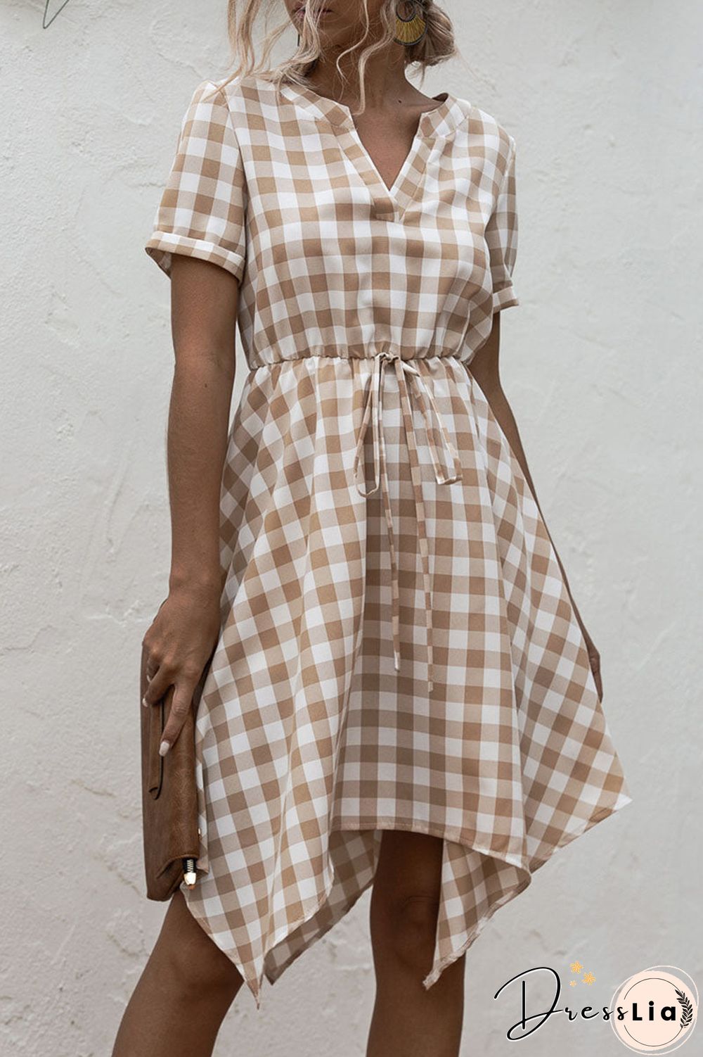 Fashion Casual Plaid Split Joint V Neck Irregular Dress Dresses