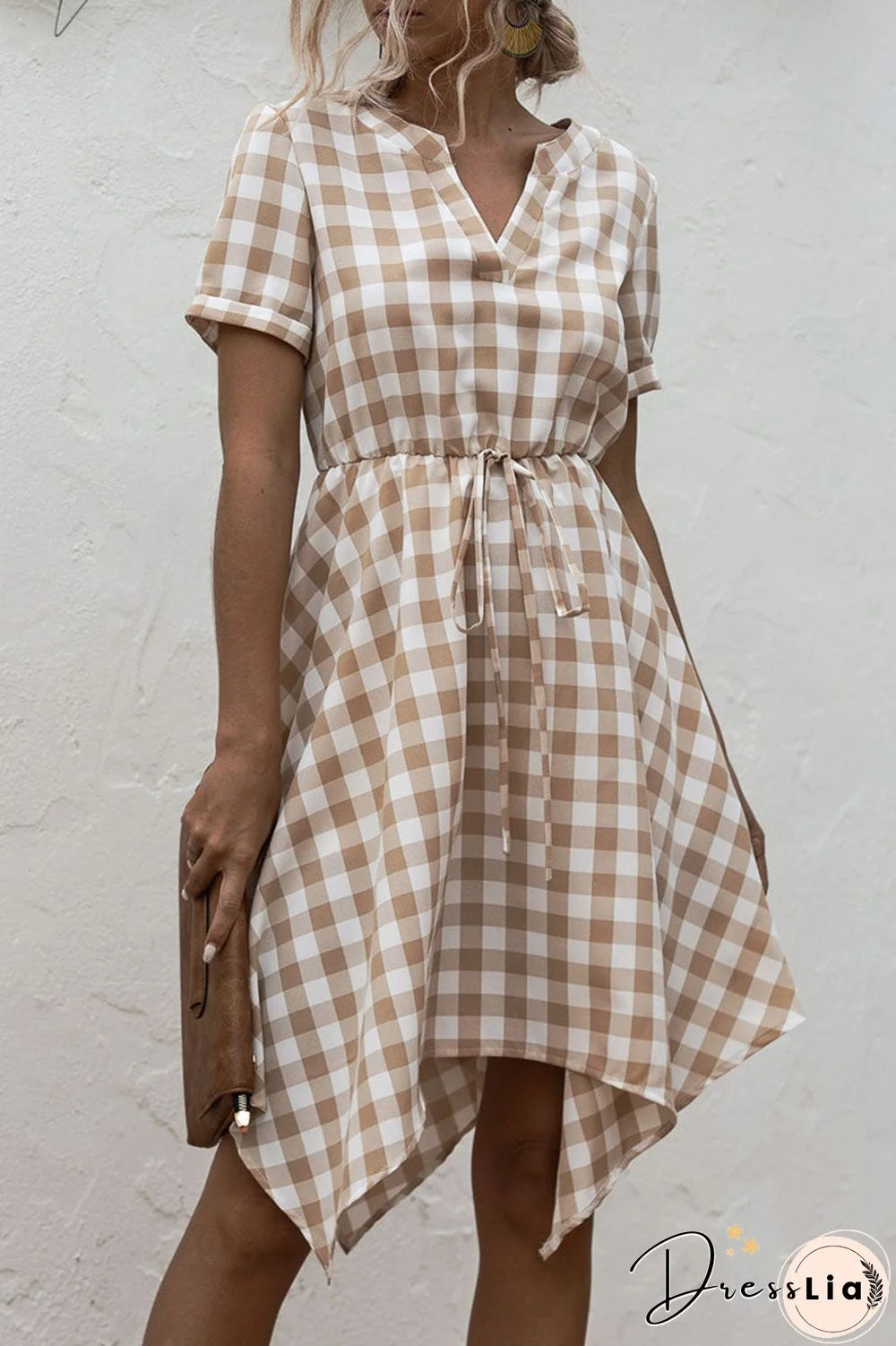 Fashion Casual Plaid Split Joint V Neck Irregular Dress Dresses