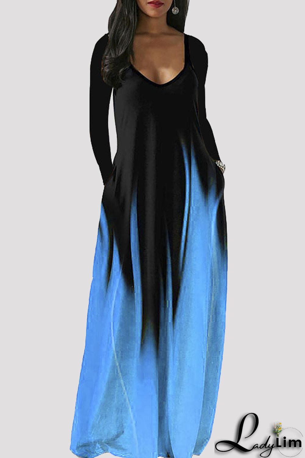 Grey Fashion Casual Print Basic V Neck Long Sleeve Dresses