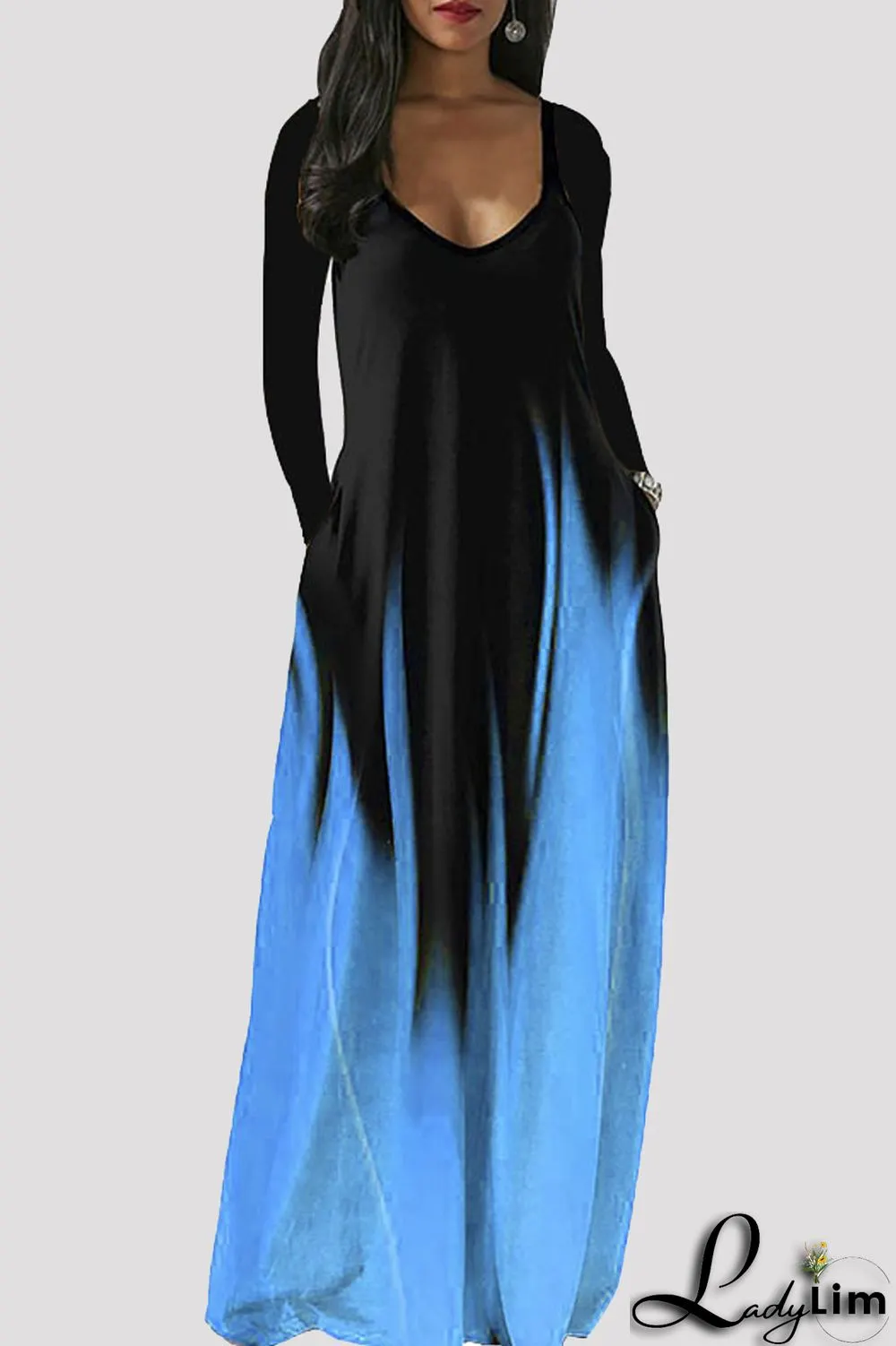 Grey Fashion Casual Print Basic V Neck Long Sleeve Dresses