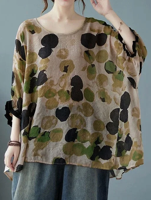 Plus Size Green O-Neck Dot Half Sleeve Shirts