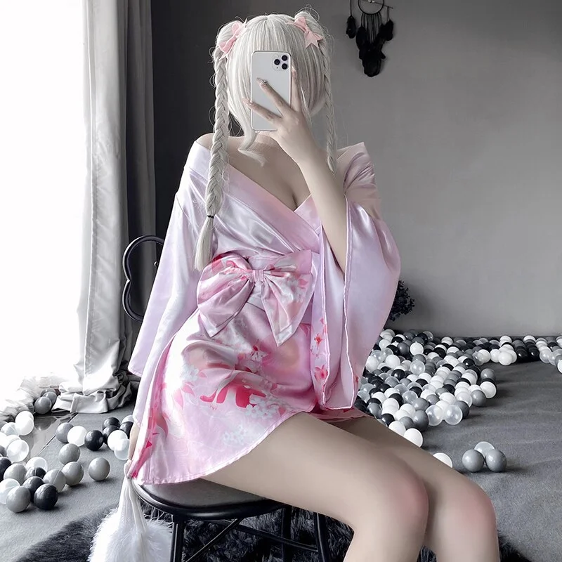 Billionm Japanese Kimono Women Sexy Cosplay Uniform Soft Silk Bow Belt Purple Pink Traditional Style Costumes Pajamas Perspective