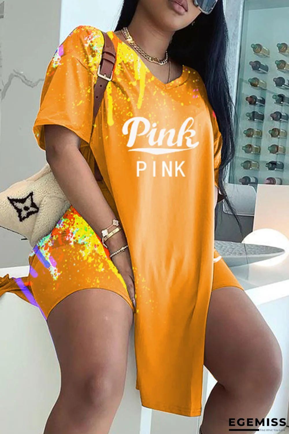 Orange Fashion Casual Letter Print Slit V Neck Short Sleeve Two Pieces | EGEMISS