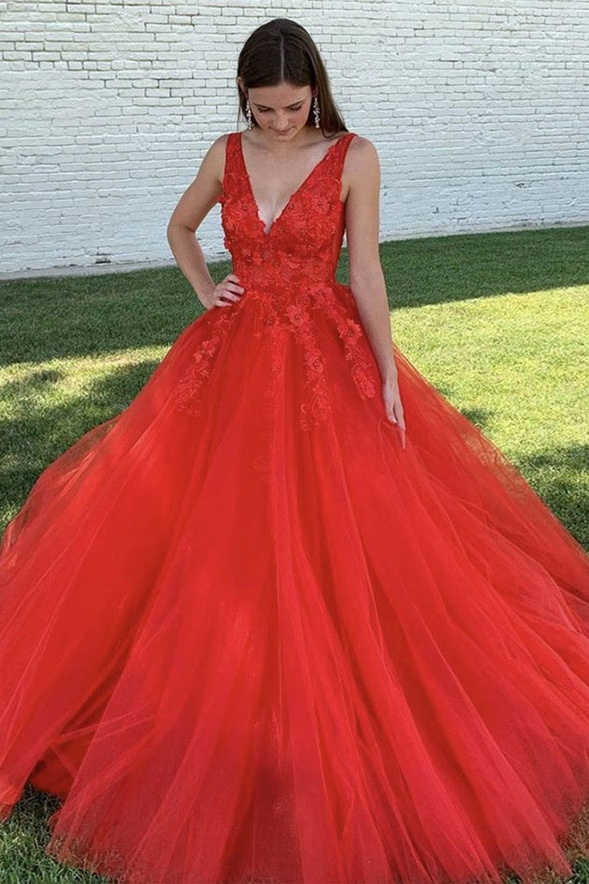 Ovlias Classic Red Wide Shoulder Straps Applique Tulle Backless Prom Dress LY0474