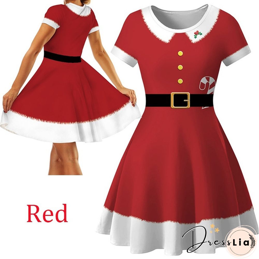 Christmas Deer Elk Snowman Print Short Sleeve Dress Xmas Santa Claus Women Dress