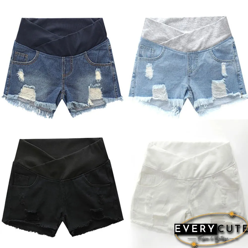 Pregnant Women's Ripped Hole Loose Denim Maternity Shorts Summer Casual Belly Clothes