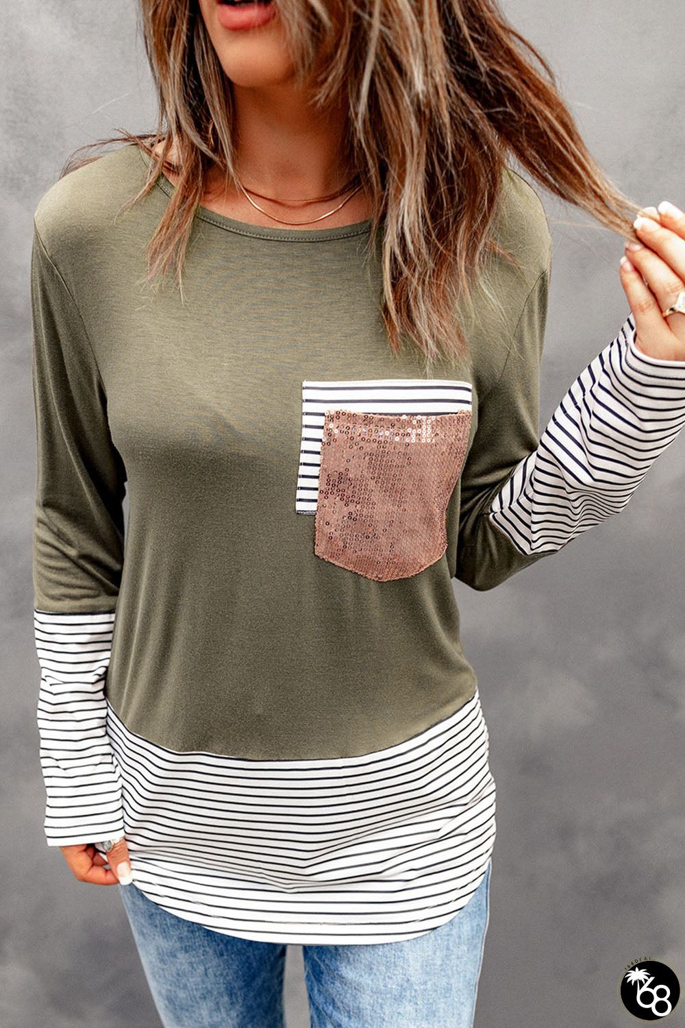 Stripe Pocket Sequins Splicing Long Sleeve Top | 168DEAL