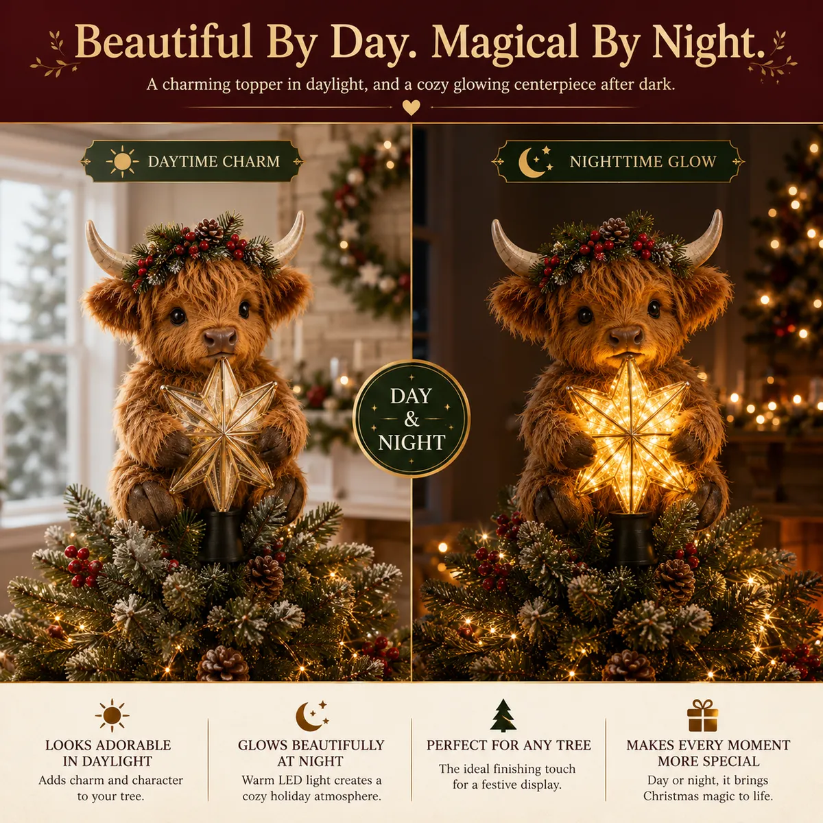 Highland Cow Tree Topper Day and Night