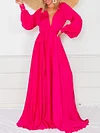 Solid Color Long Sleeve V-Neck Maxi Dress