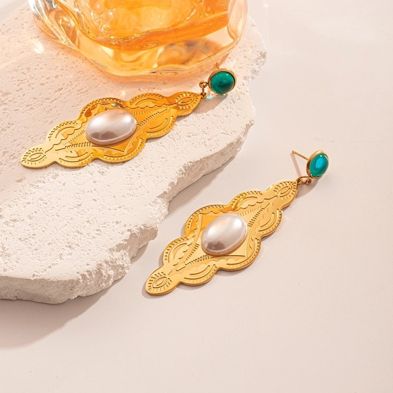 1 Pair Casual Minimalist Commute Leaves Inlay 304 Stainless Steel Pearl 14K Gold Plated Drop Earrings