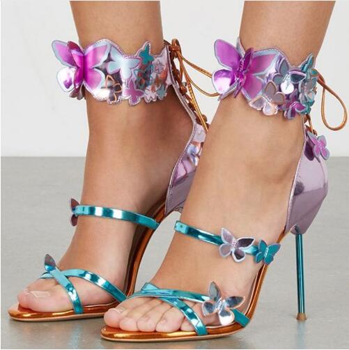 VCSHOES Rousmery Rosa Harmony Metallic Leather Turquoise Strap Butterfly Appliques Gladiator Sandalias Chic Back Outfit