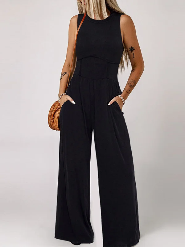 Solid Color Pockets Wide Leg Sleeveless Round-Neck Jumpsuits