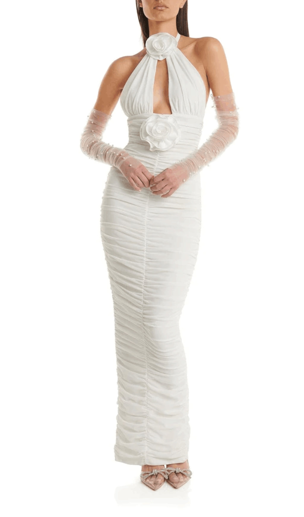 White 3D Floral Circle Neck Bandage Maxi Dress Flowering Girl
