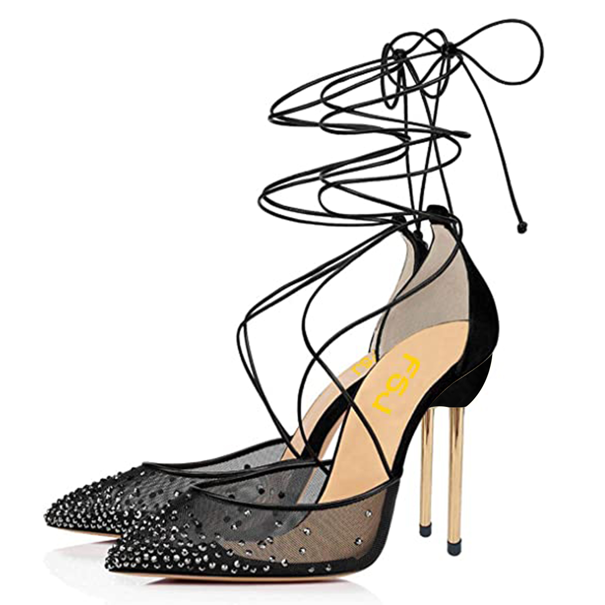 Black Mesh Pointed Toe Lace Up Stiletto Heels with Rhinestones Nicepairs